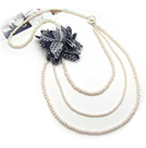 韓式高雅牛仔布藝花串珠多層項鍊